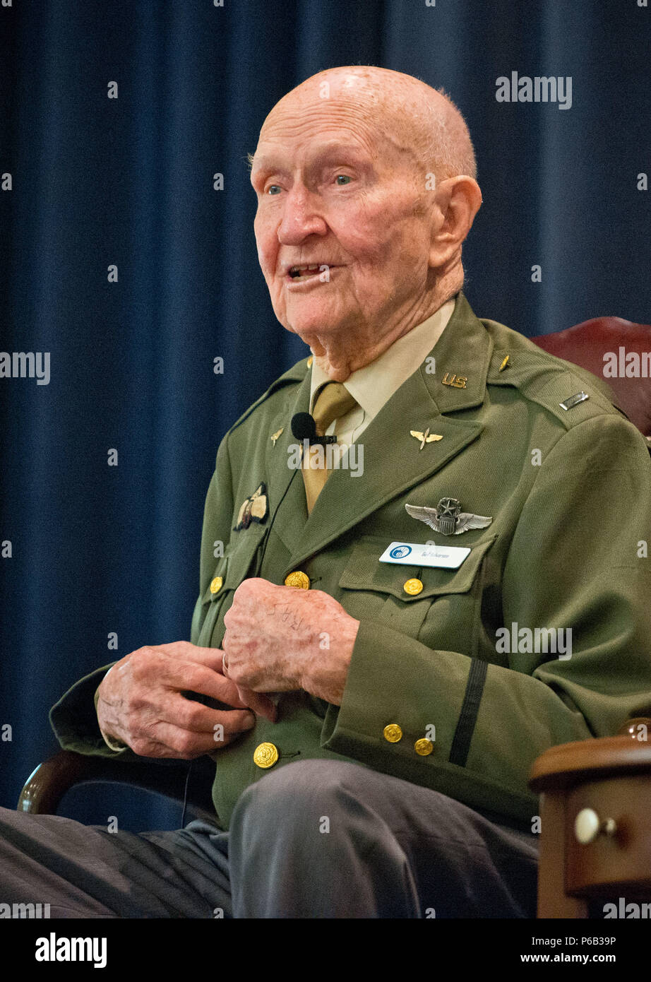 Maxwell AFB, AL - Retired Col. Gail S. Halvorsen, 2016 Gathering of Eagles  honoree, discusses his experiences while serving during the Berlin Airlift,  during the Air Command and Staff College's 2016 Gathering