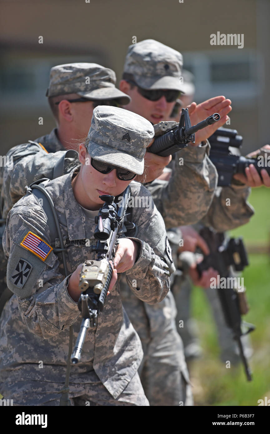 Wyoming Army National Guard Sgt. Shelby Atkins leads her squad through