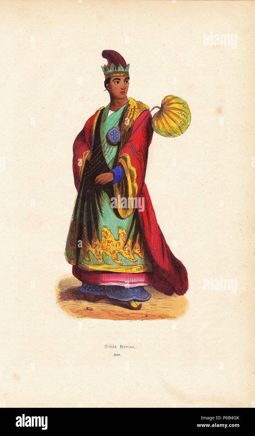 Burmese nobleman in embroidered robes, hat, and slippers. Handcoloured woodcut from Auguste Wahlen's 'Moeurs, Usages et Costumes de tous les Peuples du Monde,' Librairie Historique-Artistique, Brussels, 1845. Wahlen was the pseudonym of Jean-Francois-Nicolas Loumyer (1801-1875), a writer and archivist with the Heraldic Department of Belgium. Stock Photo