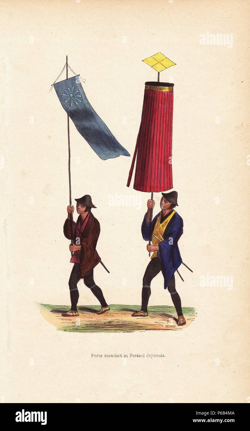 Japanese ensign carrying a standard, and umbrella bearer, both in helmets,  kimono, leggings and sandals, carrying swords. Handcoloured woodcut by  Decreef from Auguste Wahlen's "Moeurs, Usages et Costumes de tous les  Peuples
