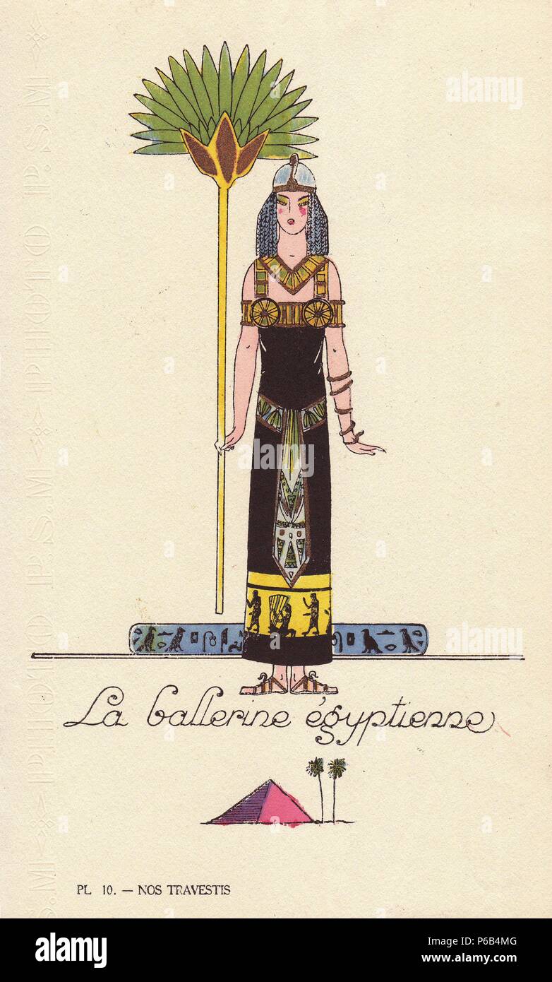 Woman in Egyptian dancer (la ballerine egyptienne) costume, with dress decorated with hieroglyphs, palm fan and sandals. Lithograph by unknown artist with pochoir stencil handcolouring from 'Nos Travestis' (Our Fancy Dress Costumes), Paris, 1928. Stock Photo