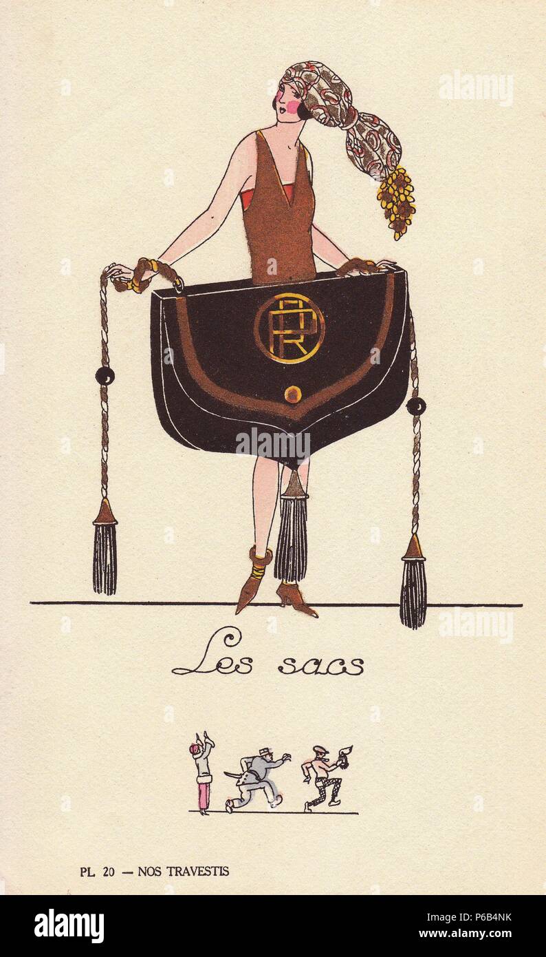 Woman in fancy dress costume as a purse, les sacs, with skirt in the form of a handbag with tassles. Vignette of a bag snatcher running off with a purse. Lithograph by unknown artist with pochoir stencil handcolouring from 'Nos Travestis' (Our Fancy Dress Costumes), Paris, 1928. Stock Photo