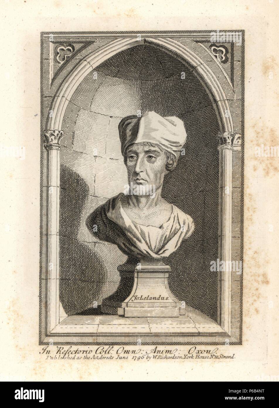 John Leland, Canon of King's College, Oxford, antiquarian. Died 1652. Copperplate engraving from Richardson's 'Portraits illustrating Granger's Biographical History of England,' London, 1792–1812. Published by William Richardson, printseller, London. James Granger (1723–1776) was an English clergyman, biographer, and print collector. Stock Photo