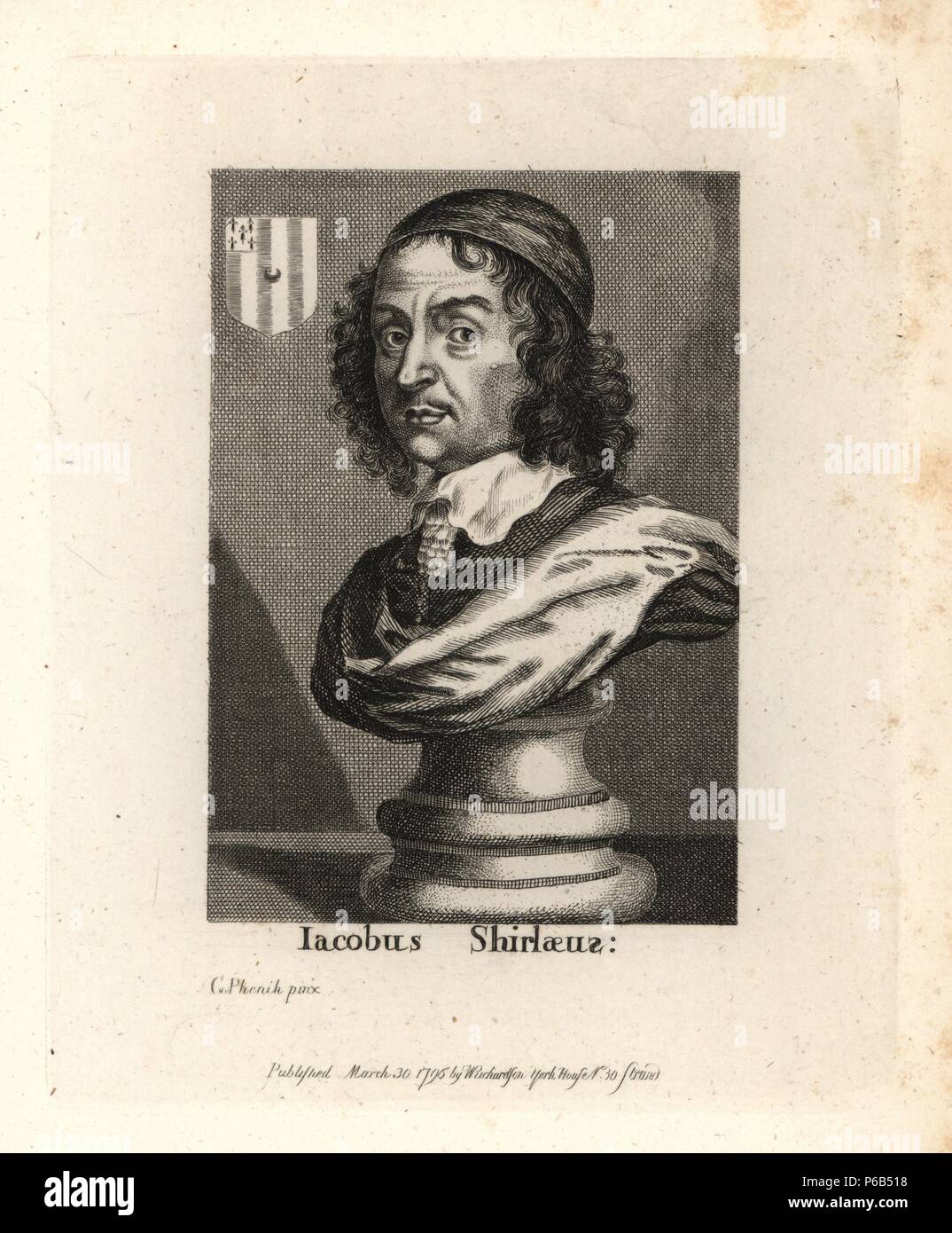 Jacobus Shirlaeus, James Shirley, poet and dramatist (1596-1666). From a scarce print engraved by R. Gaywood prefixed to Shirley's 'Plays' 1652, drawn by G. Phenik. Copperplate engraving from Richardson's 'Portraits illustrating Granger's Biographical History of England,' London, 1792–1812. Published by William Richardson, printseller, London. James Granger (1723–1776) was an English clergyman, biographer, and print collector. Stock Photo