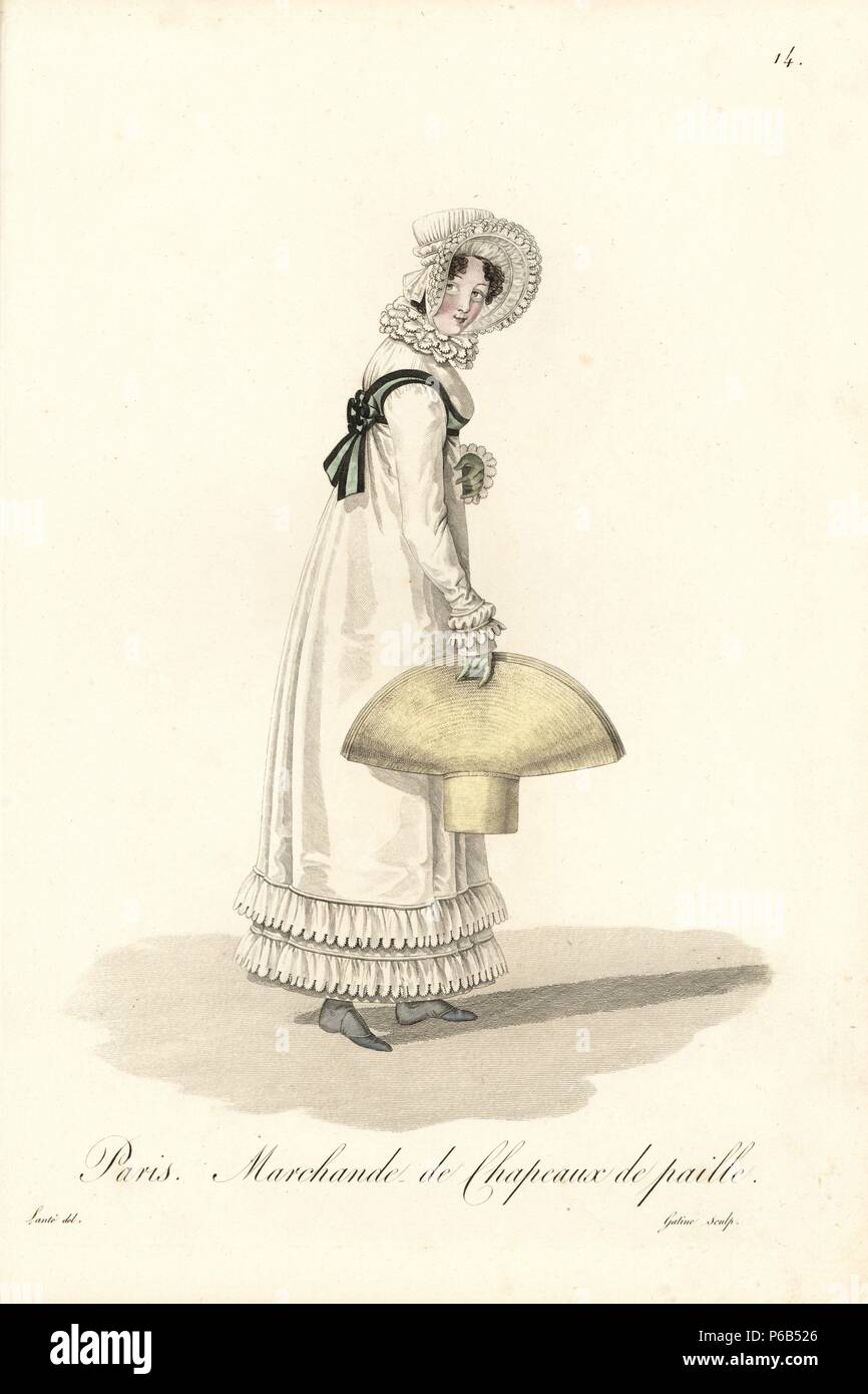 Straw hat seller, Paris, early 19th century, in white dress with frilled  cuffs and hem, lace collar and bonnet. Handcoloured copperplate engraving  by Gatine after an illustration by Louis-Marie Lante from "Ouvrieres