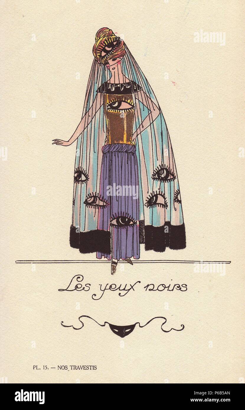 Woman in kohl eye fancy dress costume (les yeux noirs), with turban, dress and veil decorated with large eyes painted with mascara and kohl. Lithograph by unknown artist with pochoir stencil handcolouring from 'Nos Travestis' (Our Fancy Dress Costumes), Paris, 1928. Stock Photo