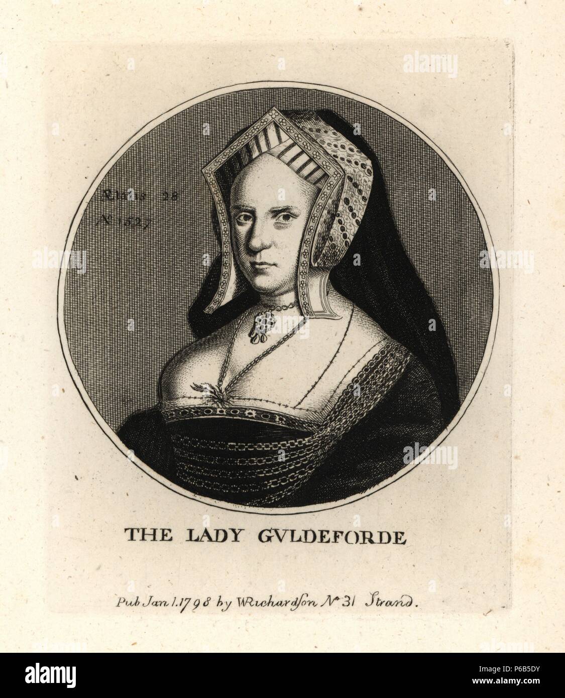 Lady Guildford, wife of Sir Henry Guildford, Comptroller of the Household of King Henry VIII. Engraved from a scarce print by Wenceslas Hollar. Copperplate engraving from Richardson's 'Portraits illustrating Granger's Biographical History of England,' London, 1792–1812. Published by William Richardson, printseller, London. James Granger (1723–1776) was an English clergyman, biographer, and print collector. Stock Photo