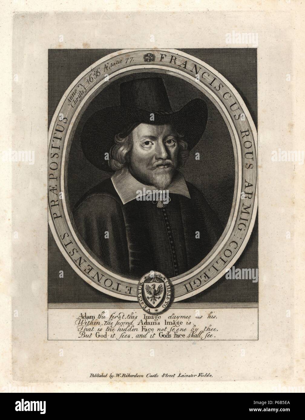 Francis Rous, Provost of Eton College, 1643. Died 1656, aged 77. From a scarce portrait by W. Faithorne prefixed to his 'Works,' 1657. Copperplate engraving from Richardson's 'Portraits illustrating Granger's Biographical History of England,' London, 1792–1812. Published by William Richardson, printseller, London. James Granger (1723–1776) was an English clergyman, biographer, and print collector. Stock Photo