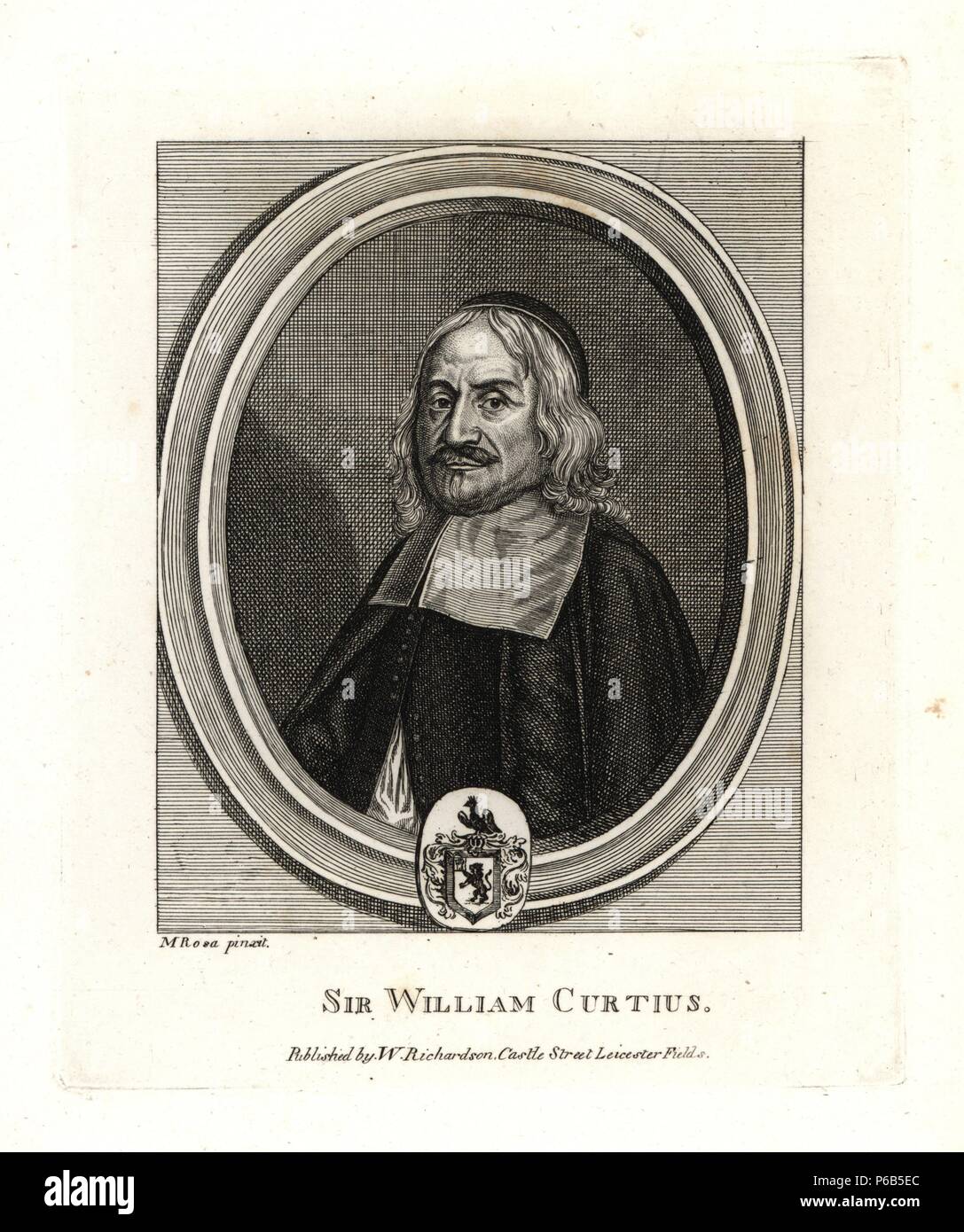 Sir William Curtius, Latine Curtius, official resident of the English Crown in the Holy Roman Empire and Fellow of the Royal Society. From a rare print after a picture by H.M. Rosa. Copperplate engraving from Richardson's 'Portraits illustrating Granger's Biographical History of England,' London, 1792–1812. Published by William Richardson, printseller, London. James Granger (1723–1776) was an English clergyman, biographer, and print collector. Stock Photo