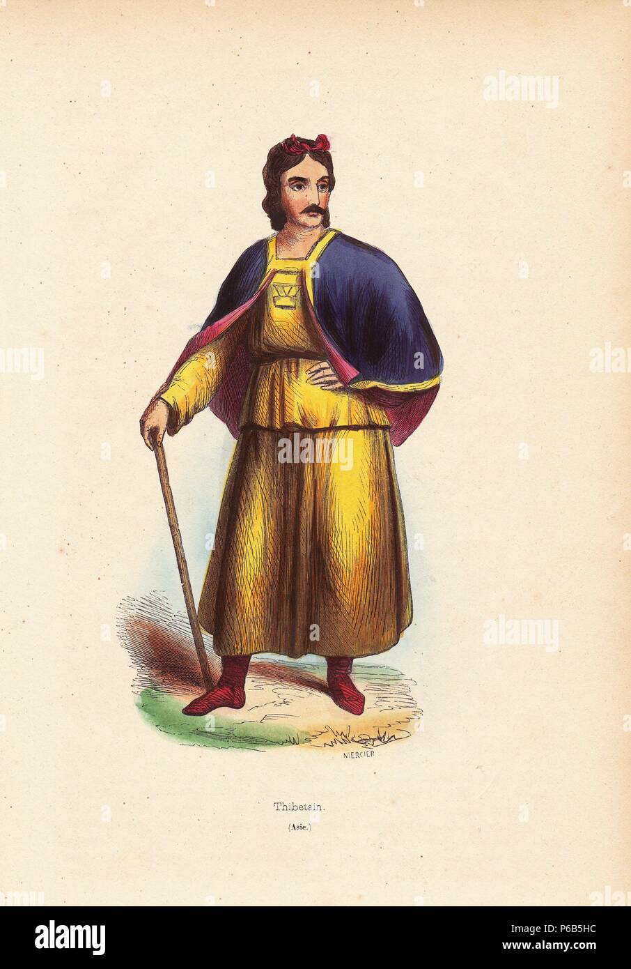 Tibetan man in robes and short cape carrying a stick