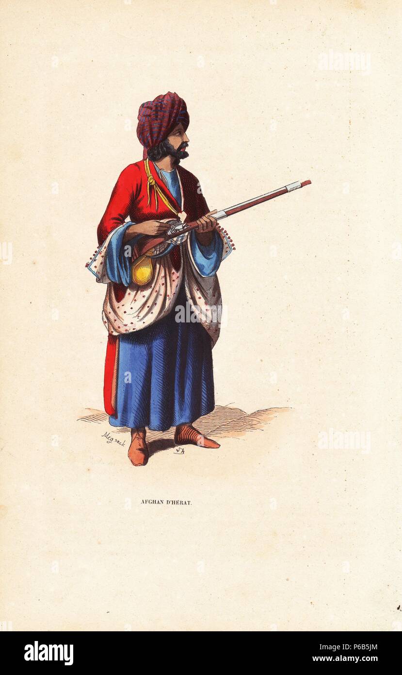 Afghan soldier from Herat in turban, robes, skirts and carrying a musket. Handcoloured woodcut by Meganck after an illustration by S.B. from Auguste Wahlen's 'Moeurs, Usages et Costumes de tous les Peuples du Monde,' Librairie Historique-Artistique, Brussels, 1845. Wahlen was the pseudonym of Jean-Francois-Nicolas Loumyer (1801-1875), a writer and archivist with the Heraldic Department of Belgium. Stock Photo