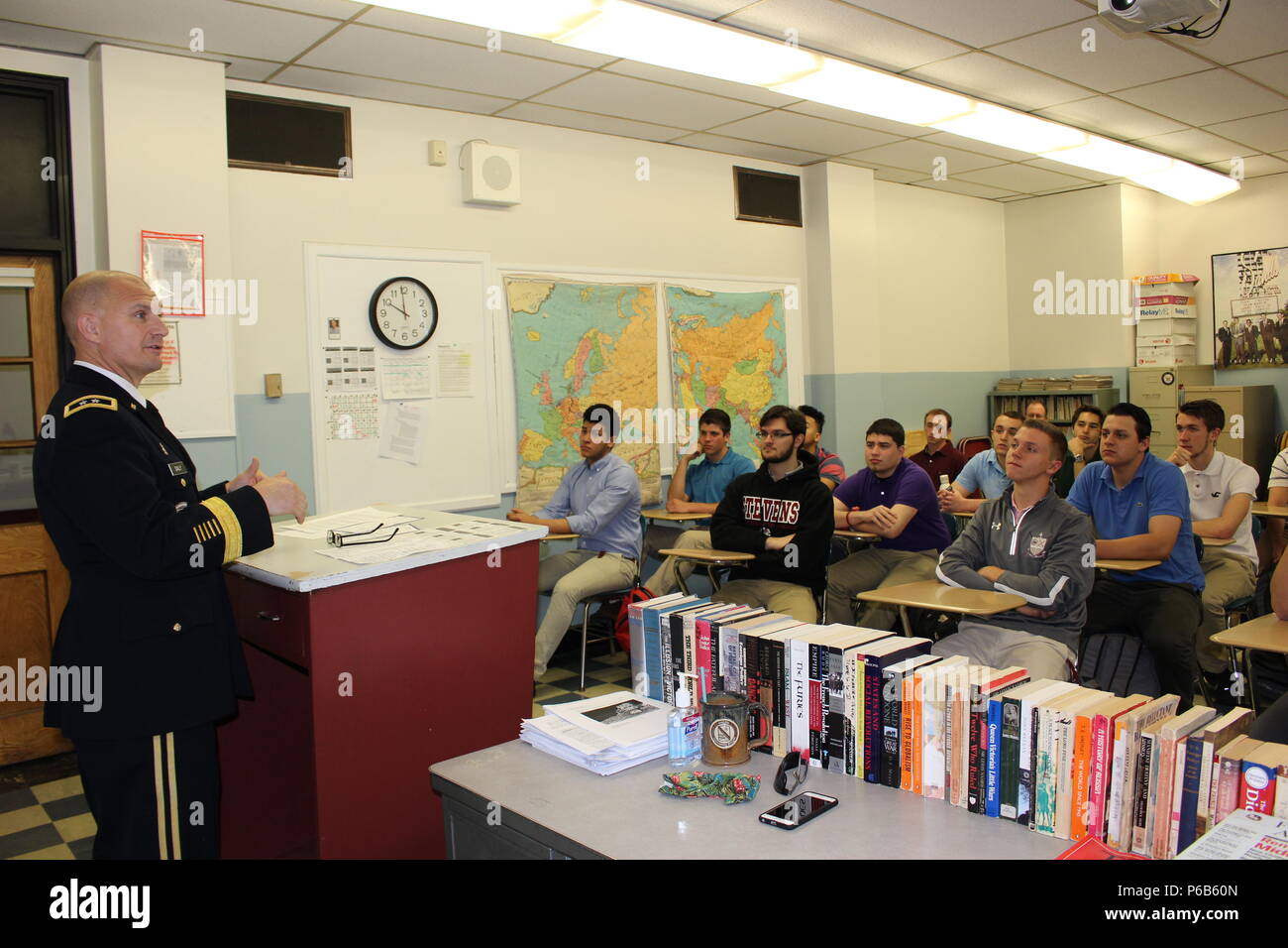 Army Materiel Command’s Chief of Staff, Maj. Gen. Edward Daly visits his alma mater, Saint Peter’s Preparatory School to speak with the school’s juniors and seniors about the current geopolitical climate. U.S. Army Photo by Megan Gully Stock Photo