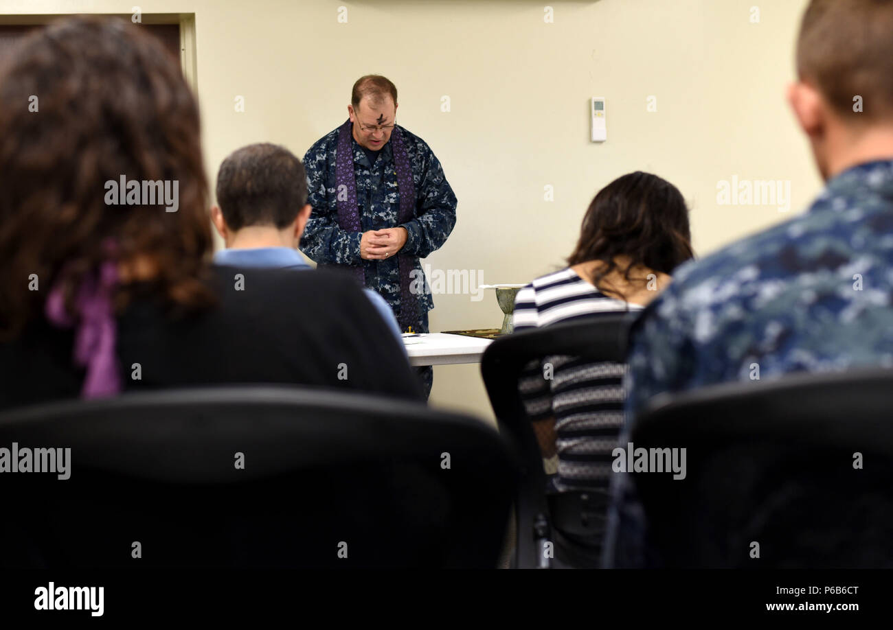 170301-N-SS432-027  BARKING SANDS, Hawaii (March 1, 2017) Command Navy Region Hawaii Chaplain Capt. Brian Haley conducts an Ash Wednesday service at the Pacific Missile Range Facility. (U.S. Navy photo by Mass Communication Specialist 2nd Class Omar Powell/Released) Stock Photo