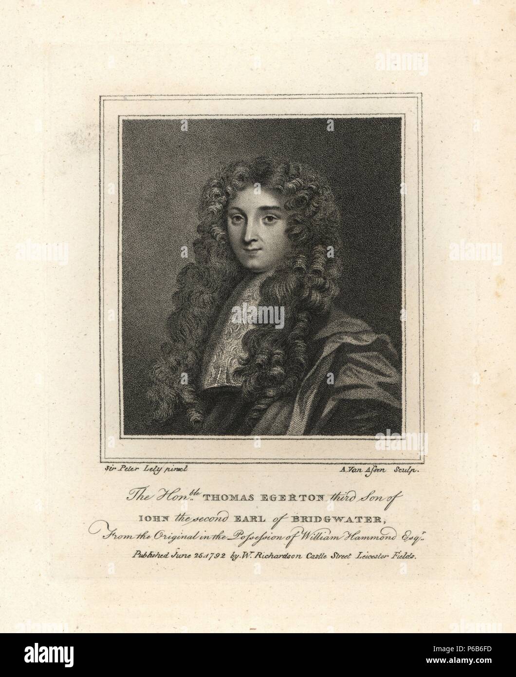 Thomas Egerton, third son of John II, Earl of Bridgewater, died 1729. From an original portrait by Sir Peter Lely in the possession of William Hammond. Copperplate engraving from Richardson's 'Portraits illustrating Granger's Biographical History of England,' London, 1792–1812. Published by William Richardson, printseller, London. James Granger (1723–1776) was an English clergyman, biographer, and print collector. Stock Photo