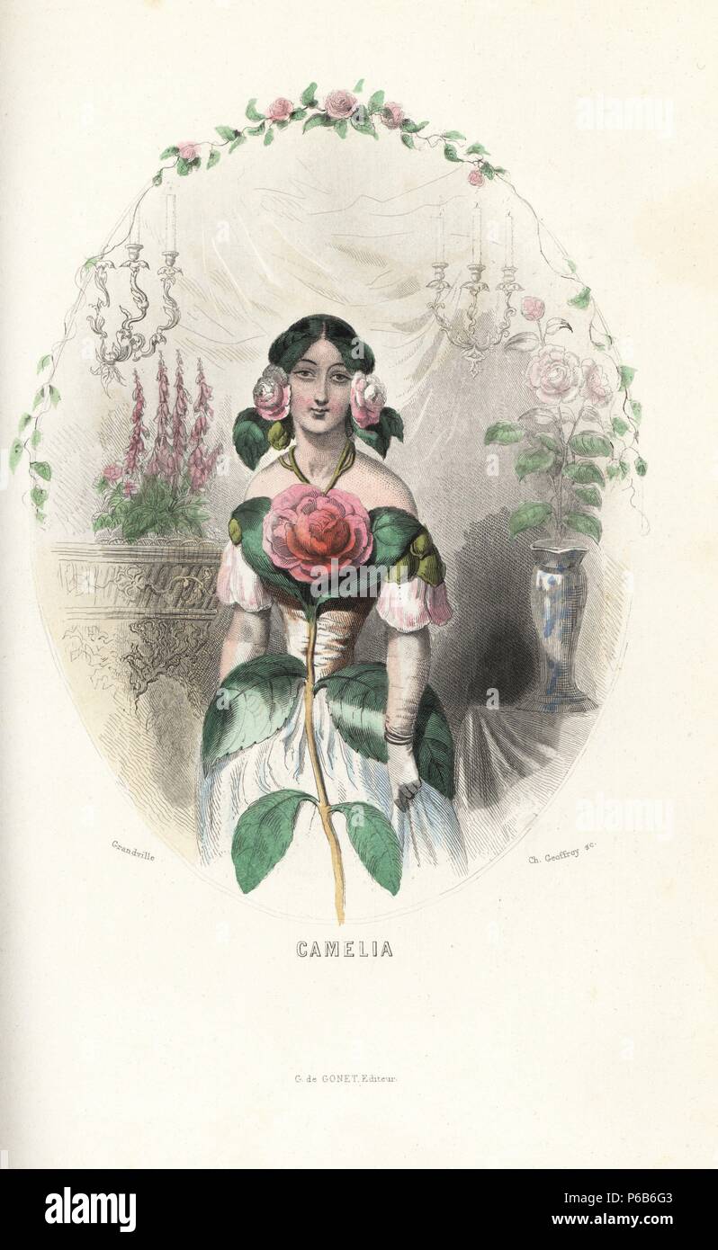 Camellia flower fairy, Camellia japonica, in dress of petals and leaves, in interior with vase and candelabra. Handcoloured steel engraving by C. Geoffrois after an illustration by Jean Ignace Isidore Grandville from 'Les Fleurs Animees,' Paris, Gabriel de Gonet, 1847. Stock Photo