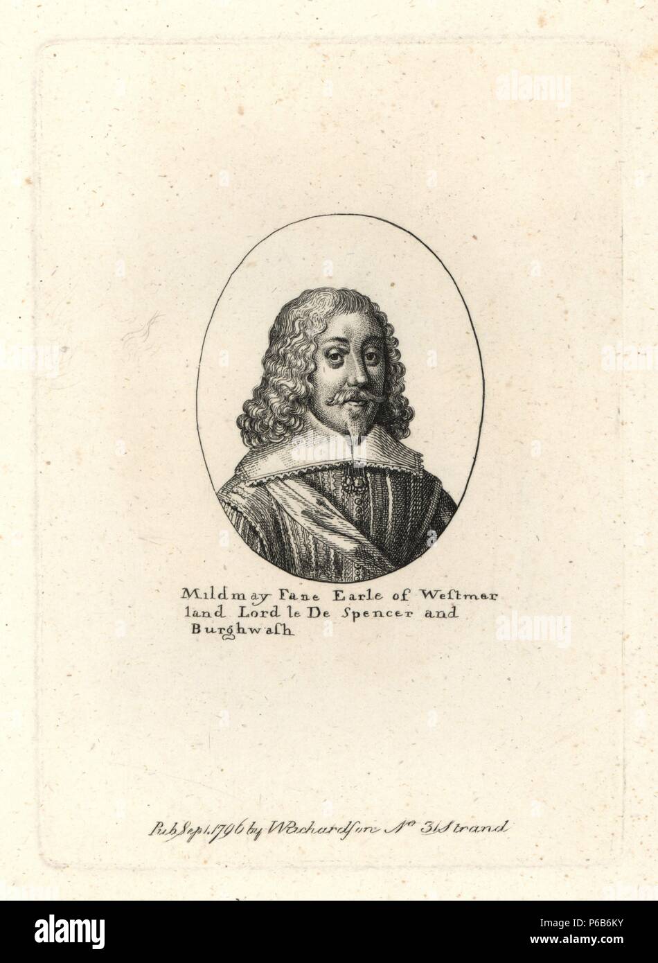 Mildmay Fane, Earl of Westmoreland, died 1665. From a small oval by Wenceslas Hollar. Copperplate engraving from Richardson's "Portraits illustrating Granger's Biographical History of England," London, 1792–1812. Published by William Richardson, printseller, London. James Granger (1723–1776) was an English clergyman, biographer, and print collector. Stock Photo