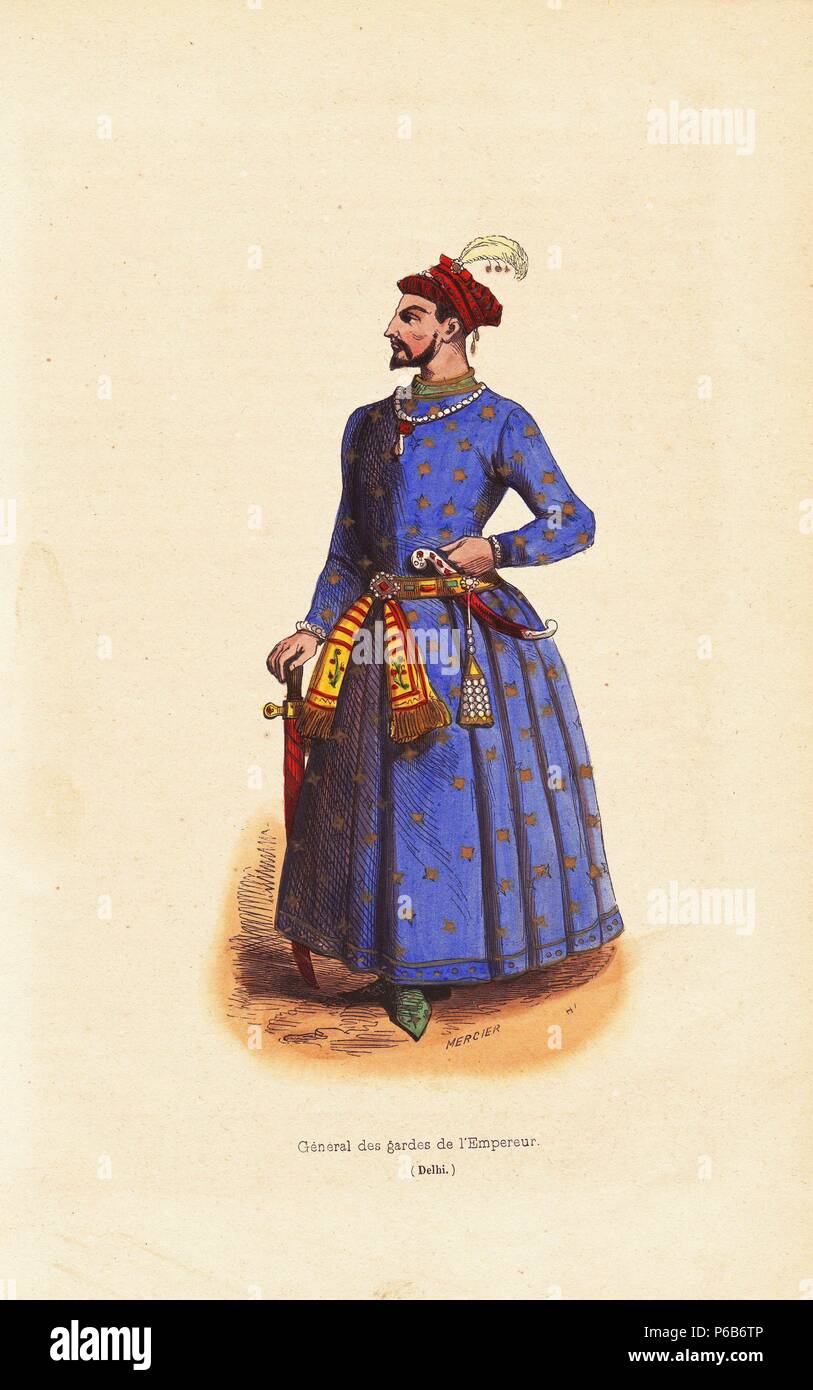General in the Indian imperial guard (Delhi) in turban with plume, embroidered robes, jeweled belt, sash, dagger, and sword. Handcoloured woodcut by Mercier after an illustration by H. Hendrickx from Auguste Wahlen's 'Moeurs, Usages et Costumes de tous les Peuples du Monde,' Librairie Historique-Artistique, Brussels, 1845. Wahlen was the pseudonym of Jean-Francois-Nicolas Loumyer (1801-1875), a writer and archivist with the Heraldic Department of Belgium. Stock Photo