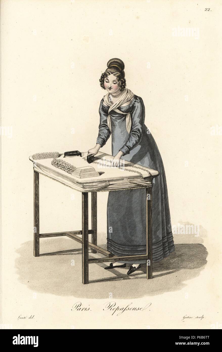 Female presser, Paris, early 19th century, ironing clothes on a table