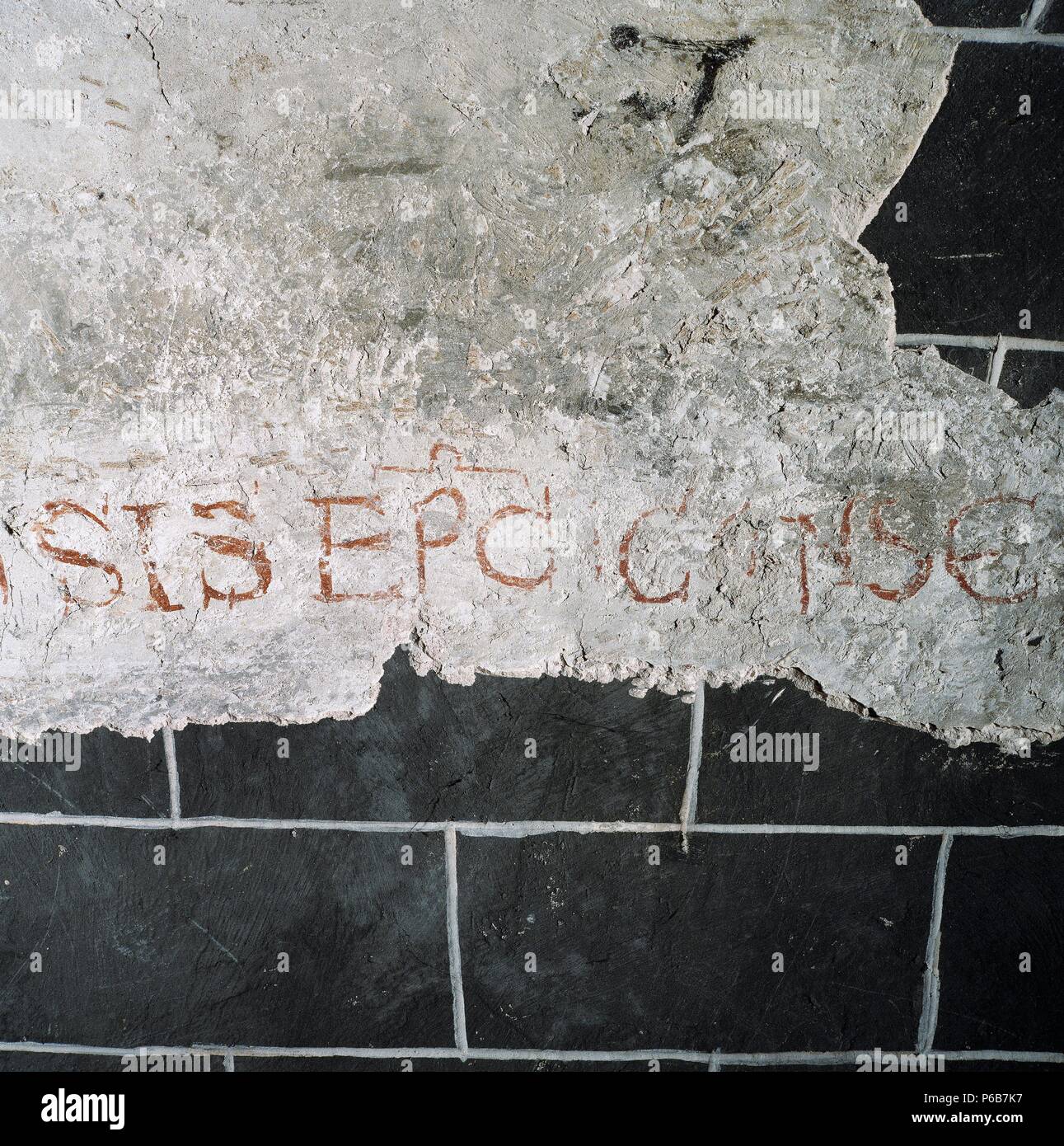 Inscription concerning to the consecration of the temple. Ceiling of the crypt. Church of the Royal Abbey of Saint Mary of Alaon. Sopeira. Spain. Stock Photo