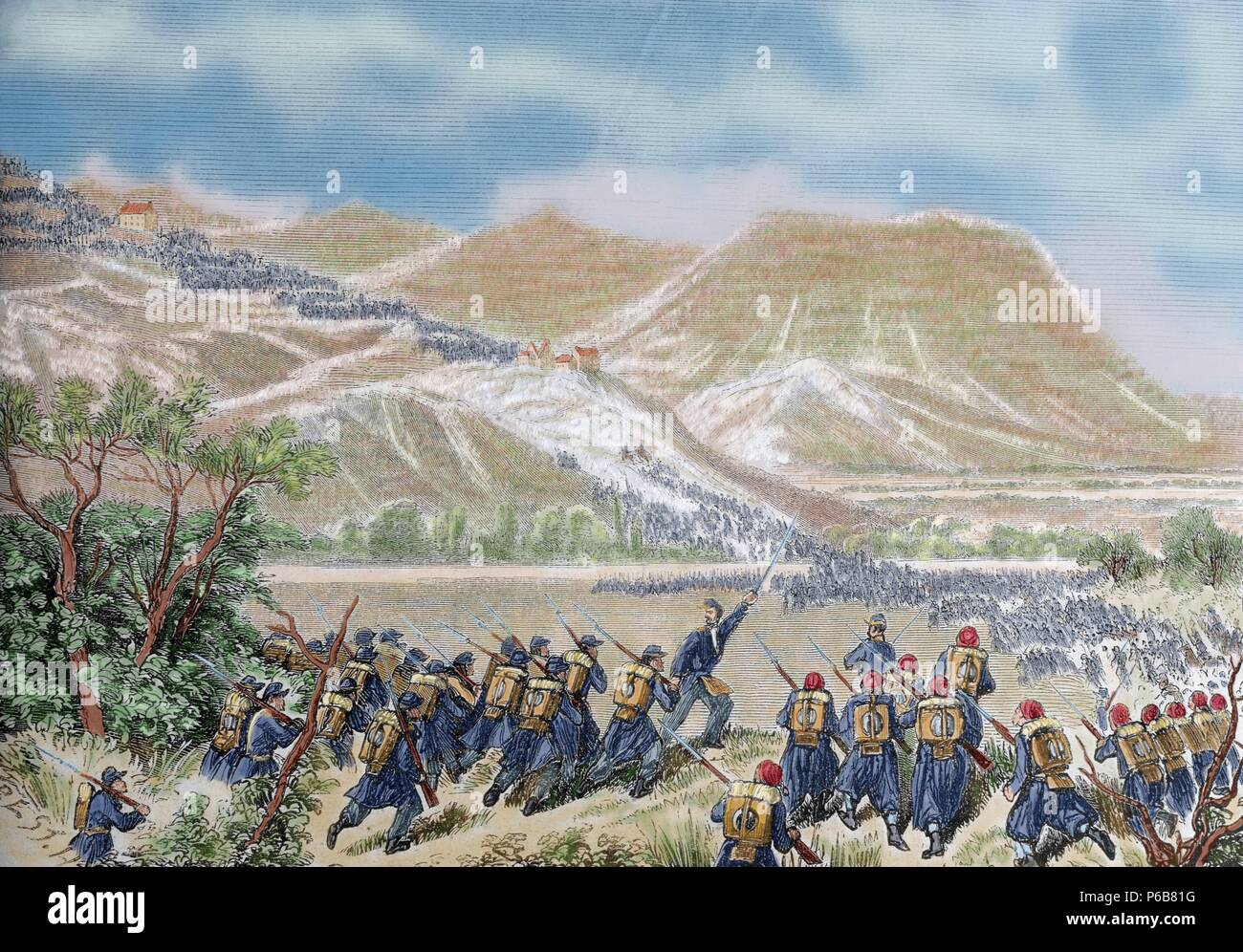 Italian unification (1859-1924). Castelfidardo battle. Papal troops were defeated. Engraving. 'L'Illustration' (1860). Colored. Stock Photo