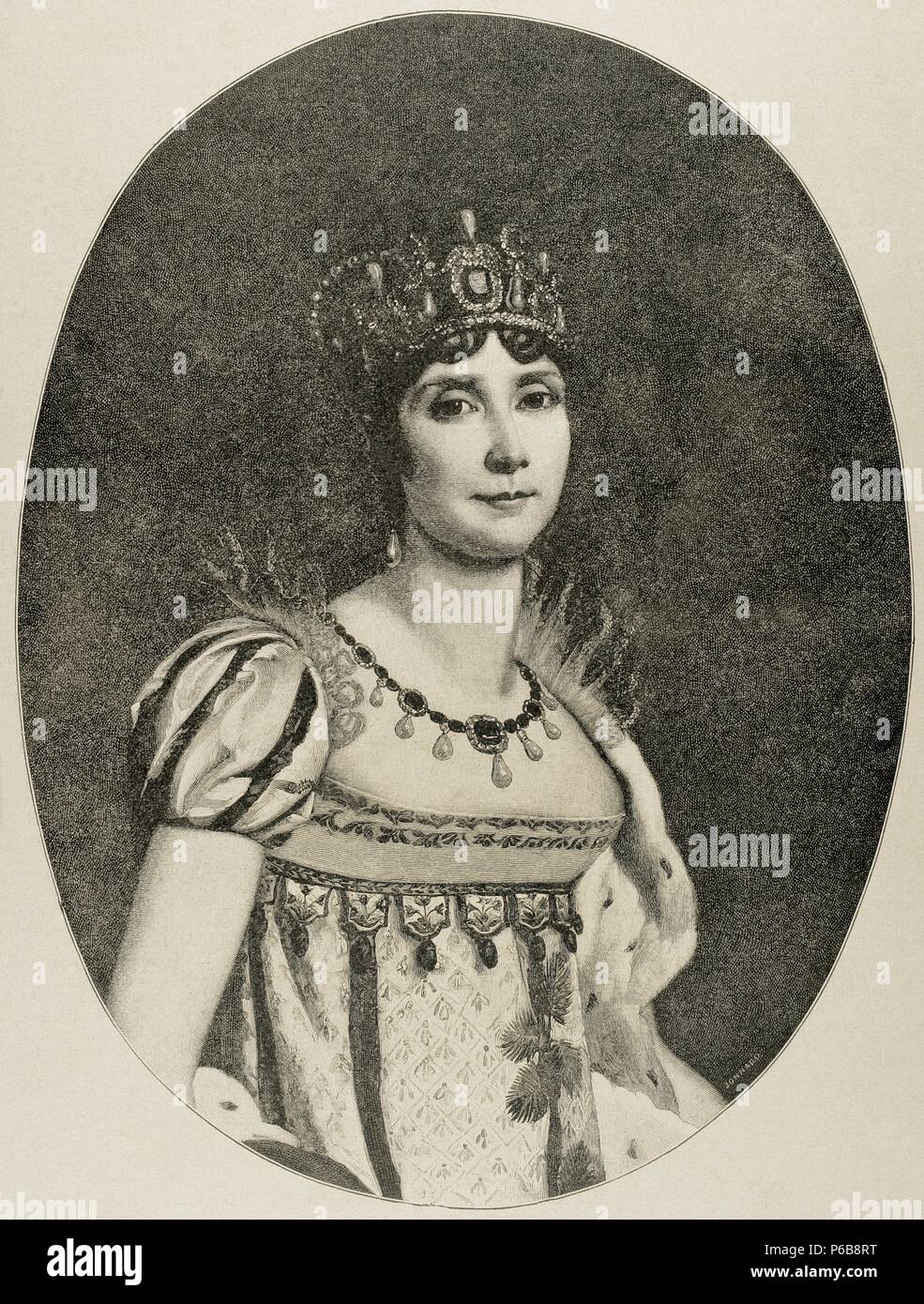 Josephine de Beauharnais (1763-1814). First wife of Napoleon I and Empress of the French. Engraving by Jonnard. The Iberian Illustration, 1888. Stock Photo