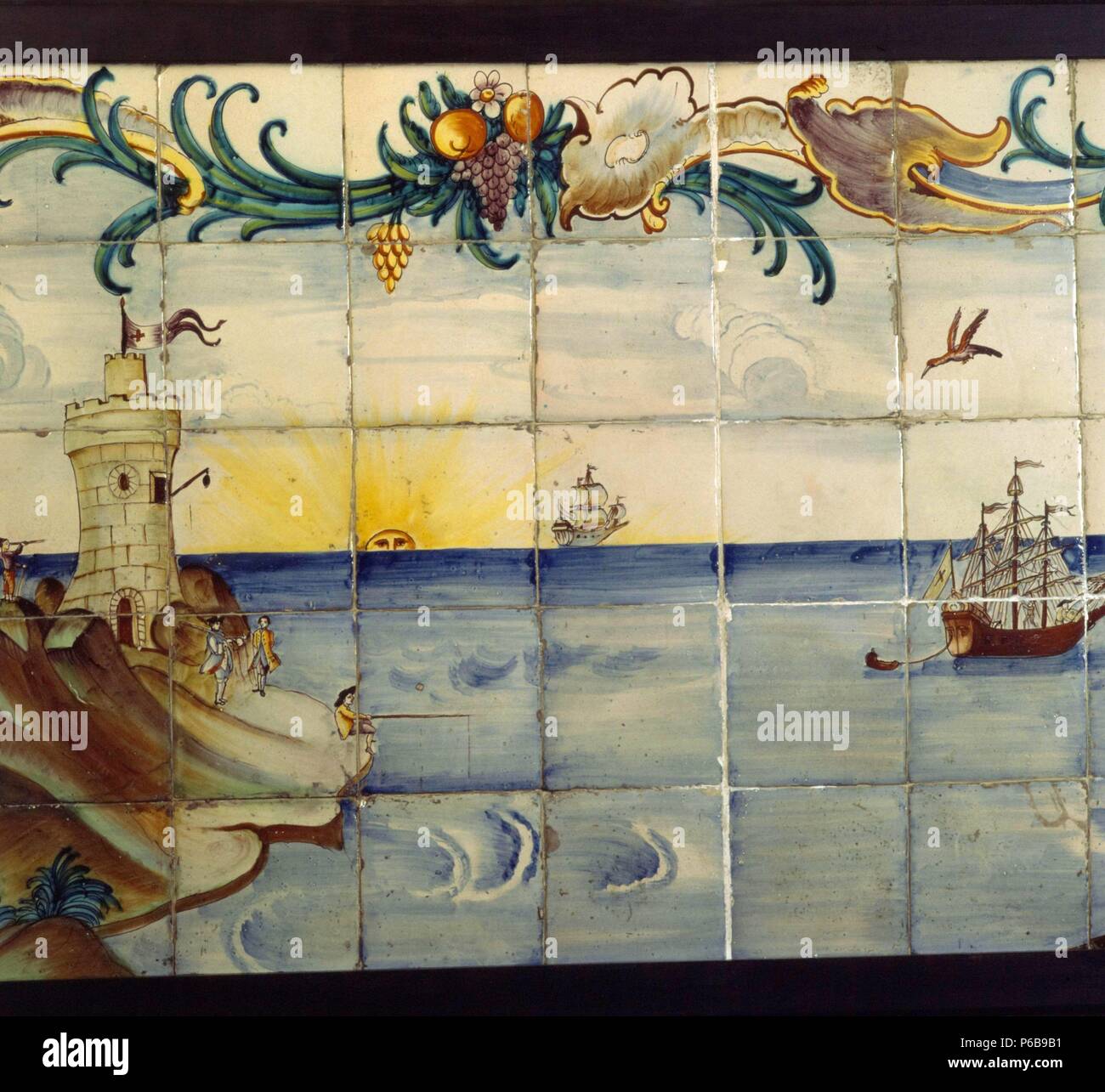 Ceramic panel depicting maritime smuggling. 18th. Stock Photo
