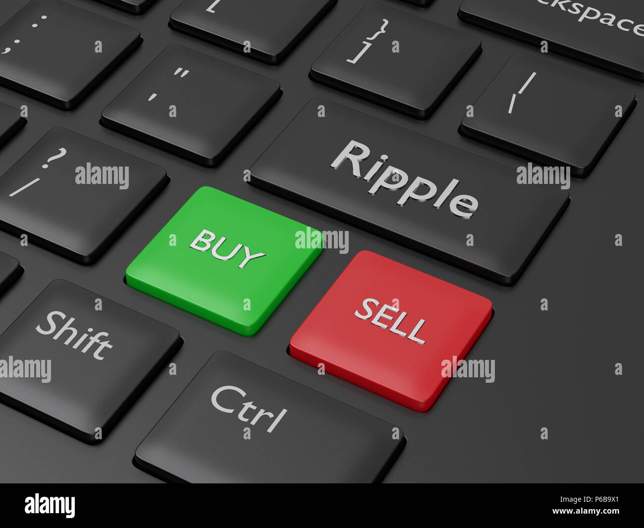 3d render of computer keyboard with Ripple button. Cryptocurrencies concept. Stock Photo