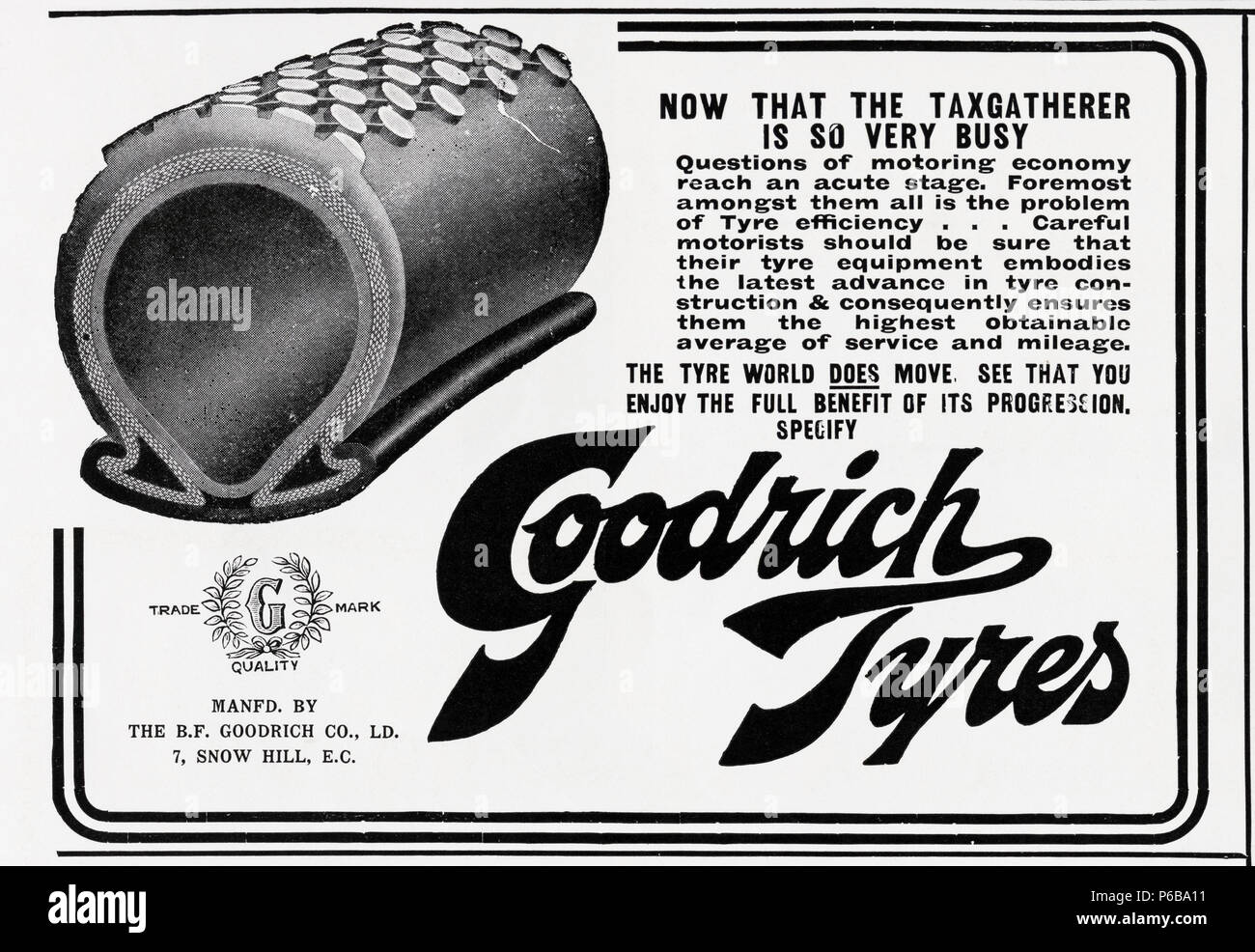 Early 20th century old vintage original antique advert advertising Goodrich  Tyres of Snow Hill England UK in English magazine circa 1910 Stock Photo -  Alamy