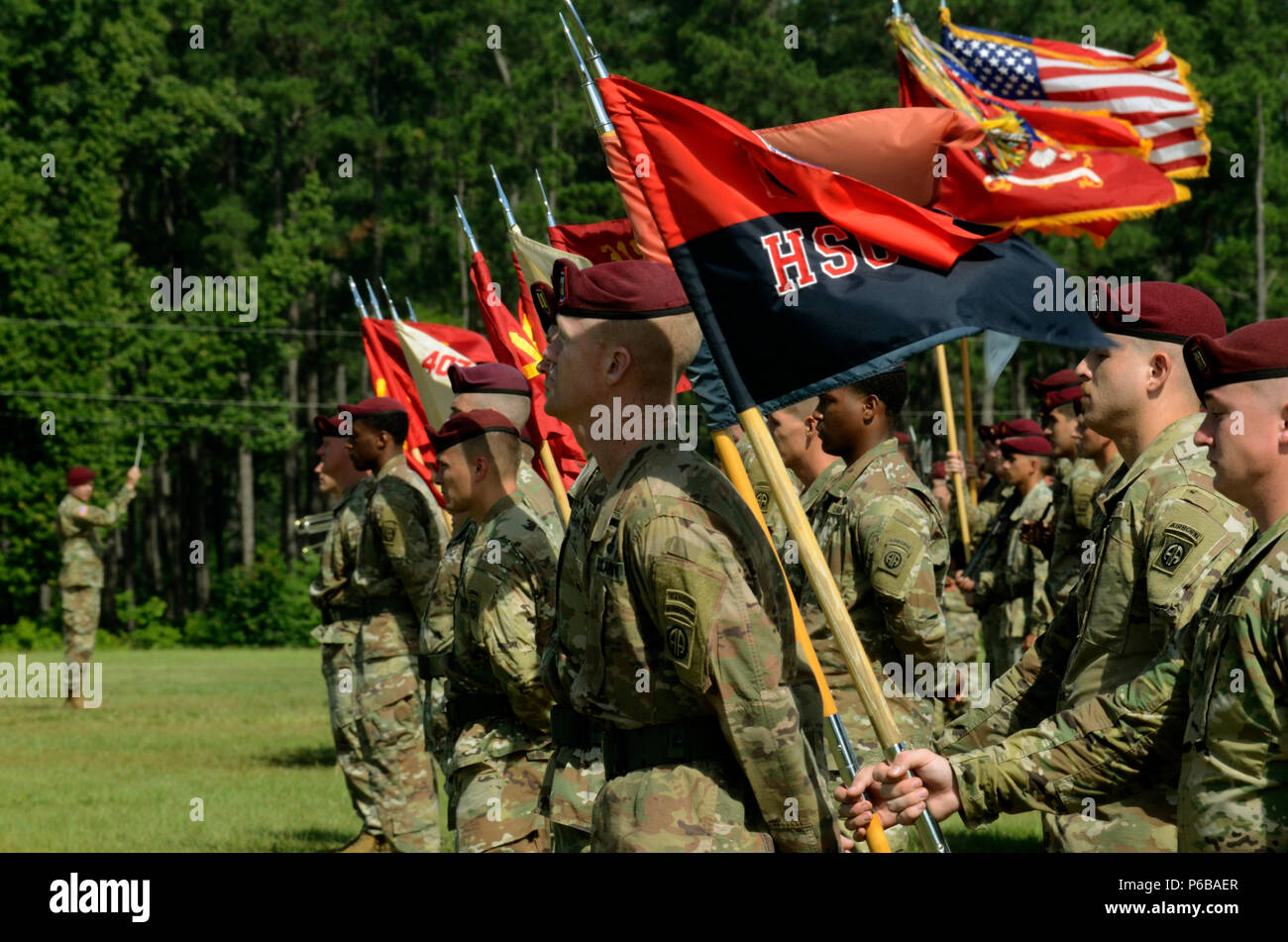Paratroopers of the 82nd Airborne Division Artillery, 82nd Airborne Division await inspection by their new commander, Col. Joe Hilbert, during a change of command ceremony on Fort Bragg, North Carolina, June 22, 2018.  The ceremony marked the transfer of authority for the Army’s largest airborne artillery organization. (U.S. Army photo by Spc. James L. Hobbs) Stock Photo