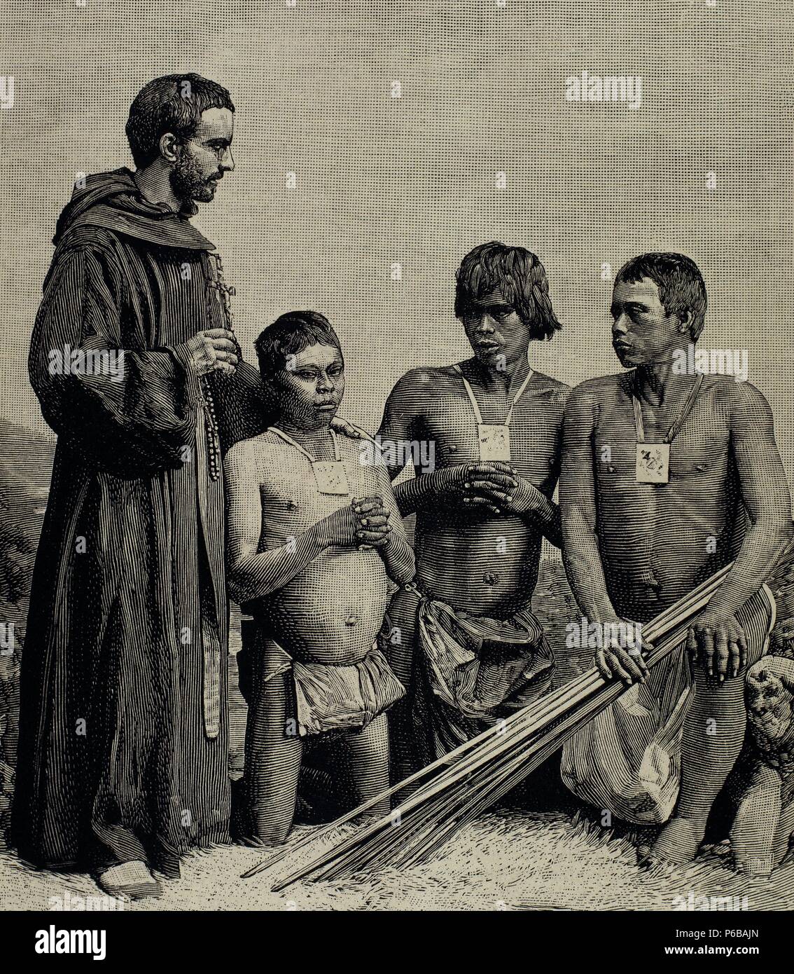 Colombia. Spanish Mission. Augustinian Recollect friar converting Guahibos Indians. Engraving, 1887. Stock Photo