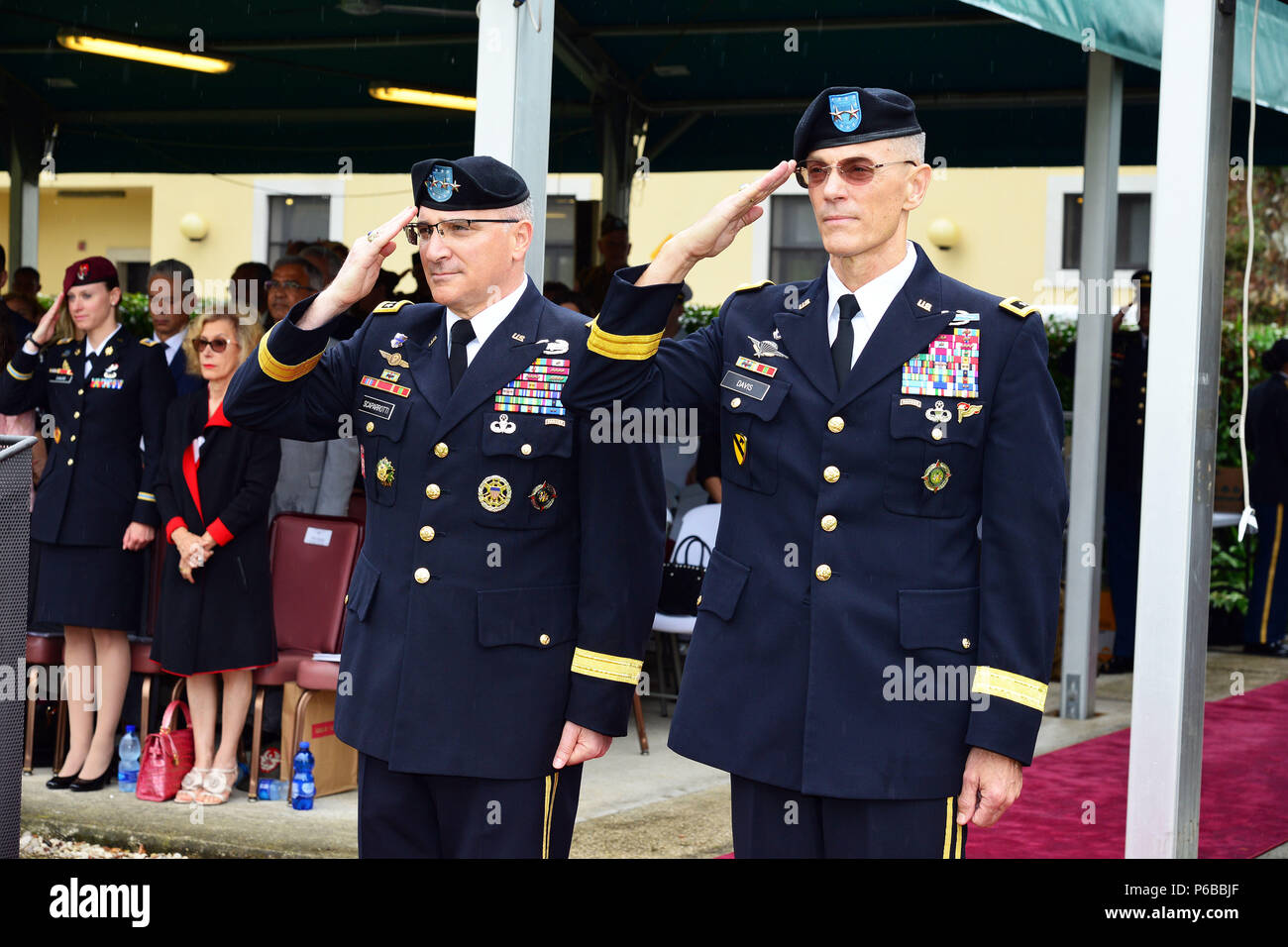 General Curtis M. Scaparrotti, Supreme Allied Commander Europe (SACEUR) commander (left), Maj. Gen. Gordon B. “Skip” Davis Jr., Combined Security Transition Command – Afghanistan, Commander (right), stand at attention during a retirement ceremony at Caserma C. Ederle Vicenza, Italy, June 22, 2018. (U.S. Army photo by Paolo Bovo). Stock Photo