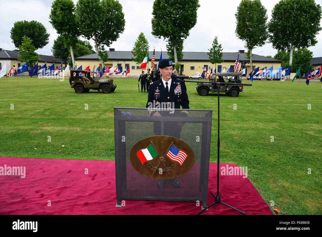 Maj. Gen. Gordon B. “Skip” Davis Jr., Combined Security Transition Command – Afghanistan, Commander, provides remarks to friends, family, guests and the U.S. participate , during his retirement ceremony at Caserma C. Ederle Vicenza, Italy, June 22, 2018. (U.S. Army photo by Paolo Bovo). Stock Photo