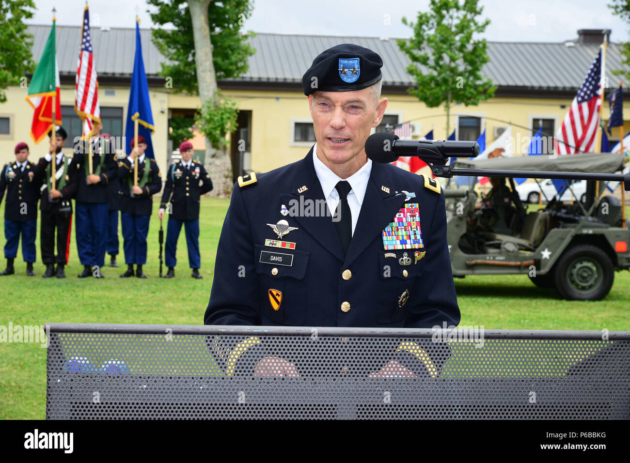 Maj. Gen. Gordon B. “Skip” Davis Jr., Combined Security Transition Command – Afghanistan, Commander, provides remarks to friends, family, guests and the U.S. participate , during his retirement ceremony at Caserma C. Ederle Vicenza, Italy, June 22, 2018. (U.S. Army photo by Paolo Bovo). Stock Photo