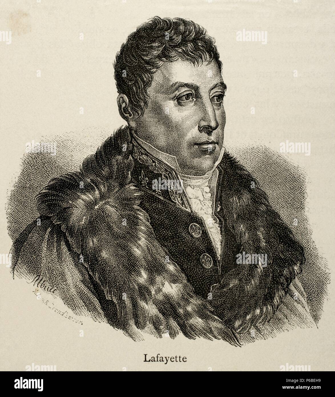 Marquis of La Fayette (1757-1834). French military and politician. Engraving. History of France, 1883. Stock Photo