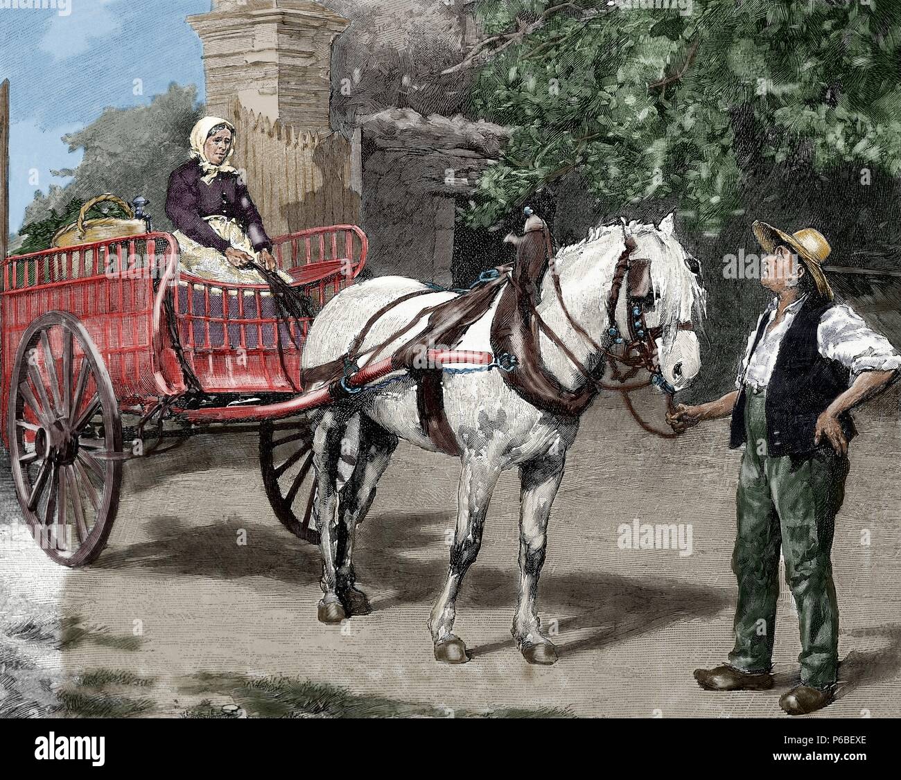 Peasant family with a chariot. Engraving by Huyot, 1880. Colored. Stock Photo