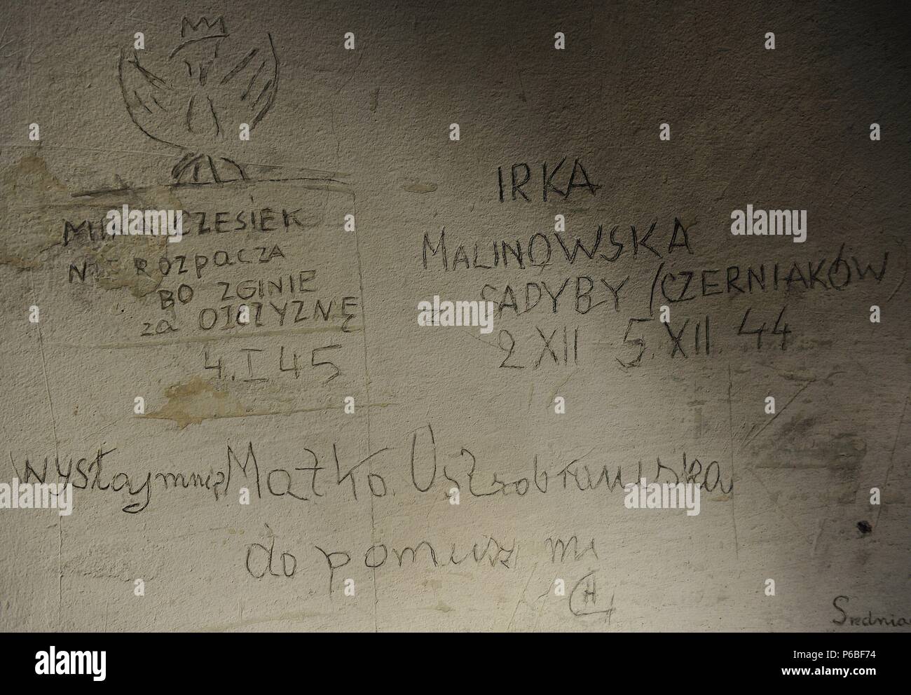 Poland. Krakow. Gestapo Museum. Inscription on the walls, made   by the detainees. Inside. Stock Photo