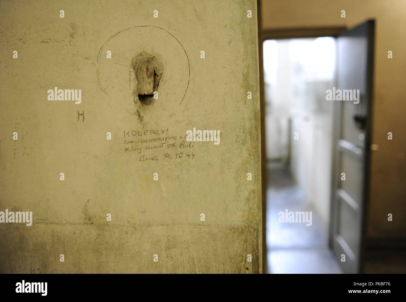 Poland. Krakow. Gestapo Museum. Inscription on the walls, made   by the detainees. Inside. Stock Photo