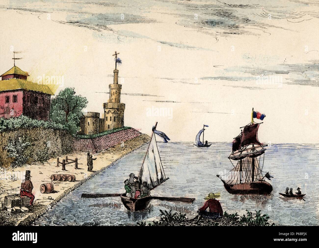 Holanda. Vista de Amberes. Grabado popular alemán coloreado a mano. Siglo XIX. Stock Photo