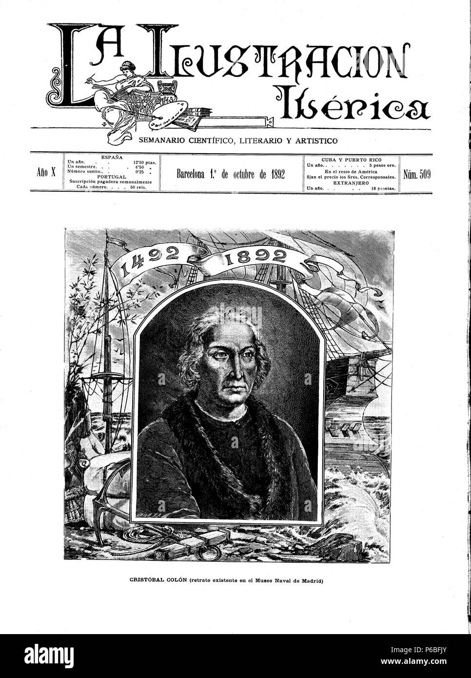 Portada de la revista La Ilustración Ibérica en el IV centenario del descubrimiento de América. Barcelona 1 de octubre de 1892. Grabado de 1892 Stock Photo - Alamy