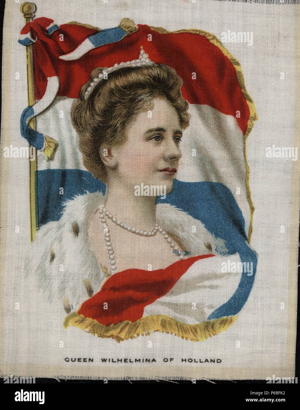 Guillermina de los Países Bajos (1880-1962), reina de Holanda. Retrato y bandera impresos sobre tela. Años 1920. Stock Photo