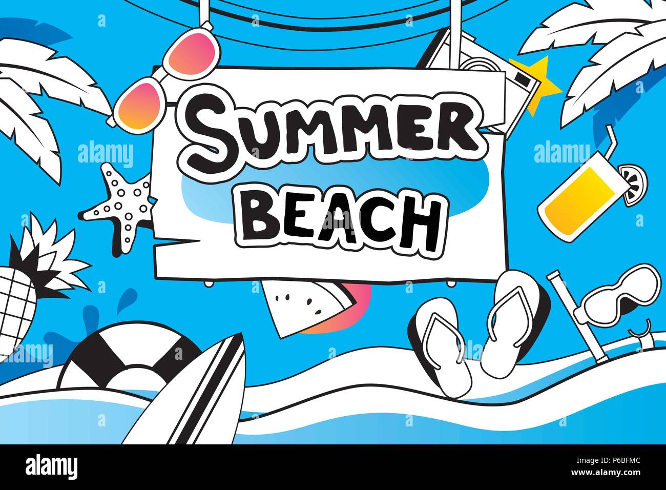 Summer doodle symbol and objects icon design for beach party background. Invitation hand drawn style. Use for labels, stickers, badges, poster, flyer, Stock Vector