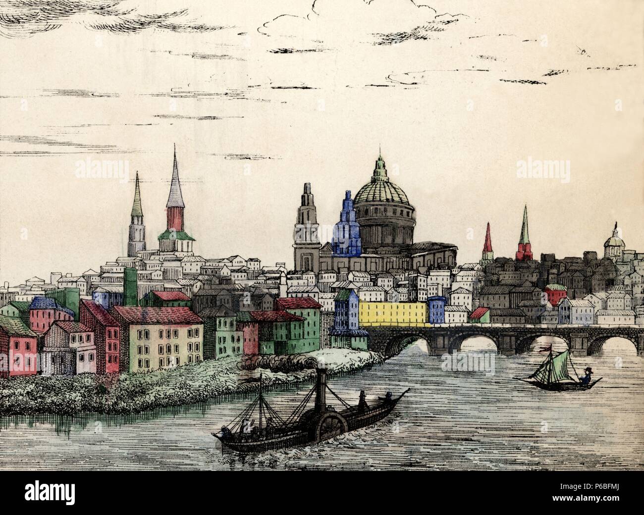 Inglaterra. Vista de Londres. Grabado popular alemán coloreado a mano. Siglo XIX. Stock Photo