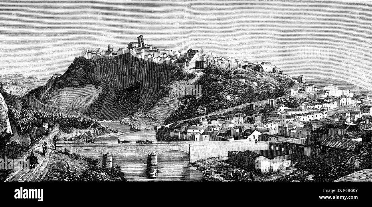 Andalucía. Vista de Arcos de la Frontera, principal centro del anarquismo andaluz donde surgió el movimiento La Mano Negra. Grabado de 1883. Stock Photo