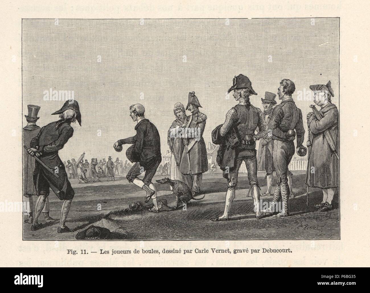 Parisians playing a game of boules, circa 1800, in a park with soldiers and other men watching. Illustration drawn by Carle Vernet, woodcut by Debucourt from Paul Lacroix's 'Directoire, Consulat et Empire,' Paris, 1884. Stock Photo