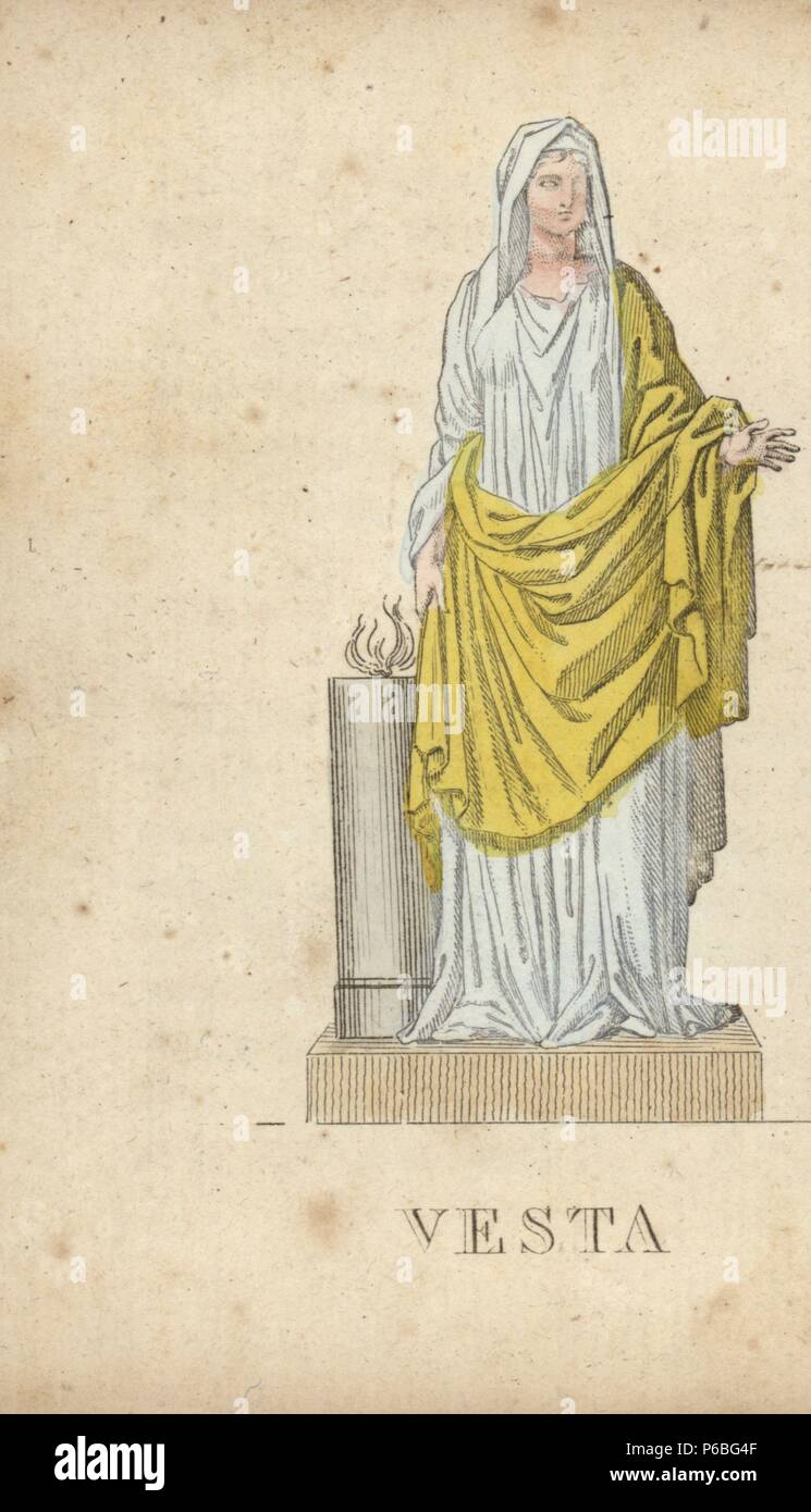 Vesta, Roman goddess of the hearth, standing next to an altar with sacred  flame. Handcoloured copperplate engraving engraved by Jacques Louis  Constant Lacerf after illustrations by Leonard Defraine from "La Mythologie  en