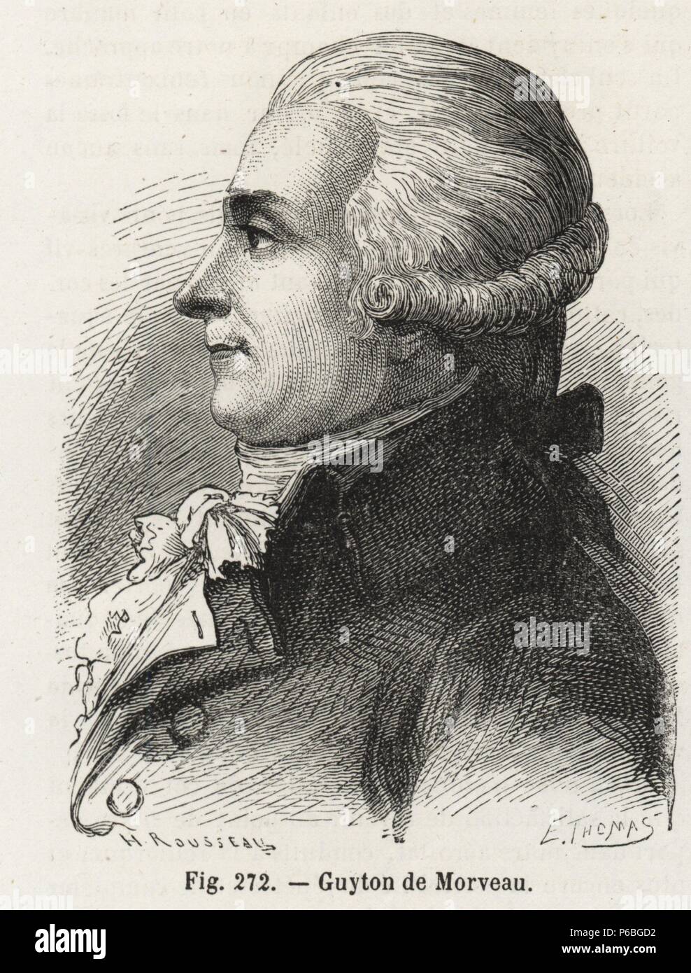 Louis-Bernard Guyton de Morveau, leader of a corps of balloonists for the French Revolutionary Army. Woodblock engraving by H. Rousseau after E. Thomas from Louis Figuier's 'Les Merveilles de la Science: Aerostats' (Marvels of Science: Air Balloons), Furne, Jouvet et Cie, Paris, 1868. Stock Photo