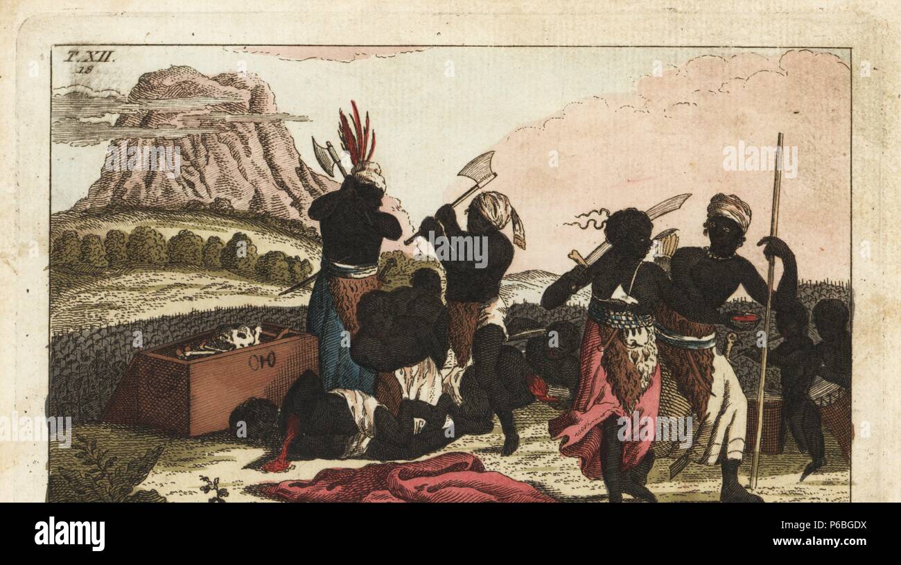 Nzinga or Xinga, daughter of King Bandi of Angola, ordering the execution by beheading of rival warriors. Handcolored copperplate engraving from G. T. Wilhelm's 'Encyclopedia of Natural History: Mankind,' Augsburg, 1804. Gottlieb Tobias Wilhelm (1758-1811) was a Bavarian clergyman and naturalist known as the German Buffon. Stock Photo