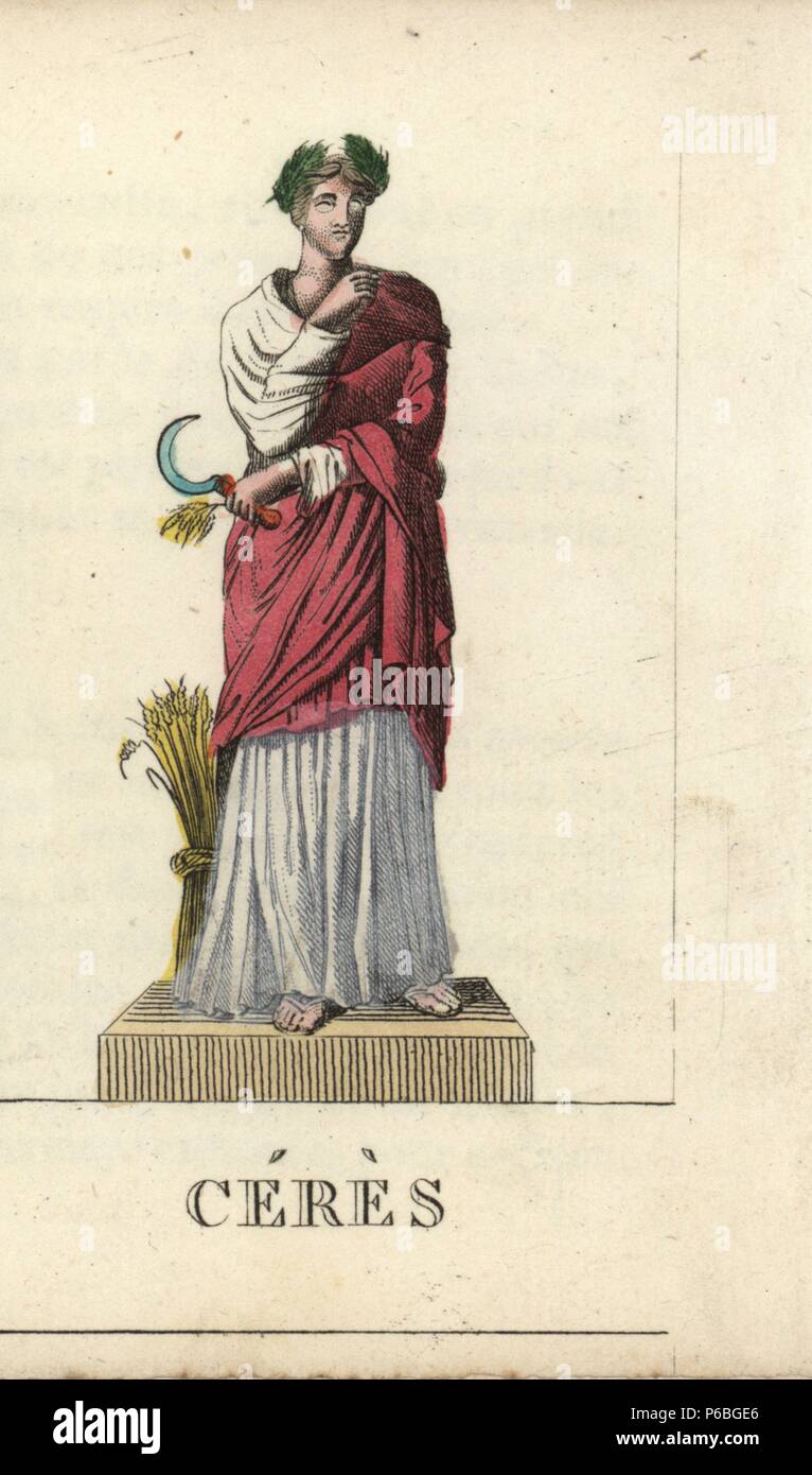 Ceres, Roman goddess of the harvest and agriculture, in toga and laurel crown, with scythe and bushel of wheat. Handcoloured copperplate engraving engraved by Jacques Louis Constant Lacerf after illustrations by Leonard Defraine from 'La Mythologie en Estampes' (Mythology in Prints, or Figures of Fabled Gods), Chez P. Blanchard, Paris, c.1820. Stock Photo