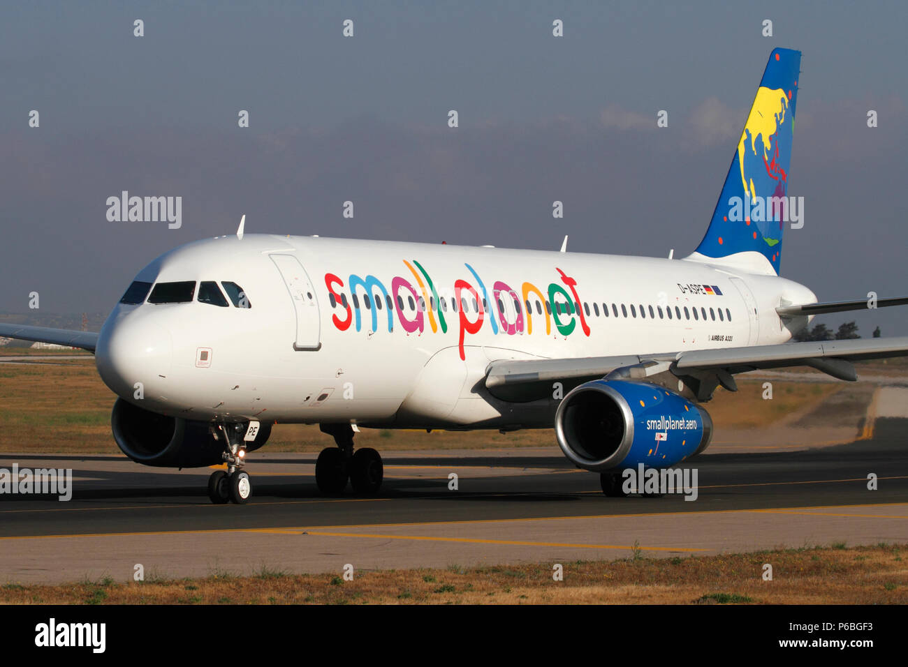 Small Planet Airlines Airbus A320 commercial jet plane taxiing for departure. Front view closeup. Stock Photo
