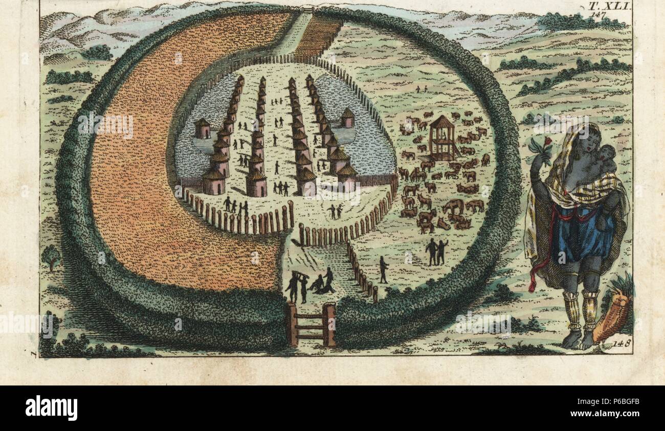 The village of Fulier (or Fula people?), Senegal, with its livestock pen, grain field and cotton plantation behind the houses. Handcolored copperplate engraving from G. T. Wilhelm's "Encyclopedia of Natural History: Mankind," Augsburg, 1804. Gottlieb Tobias Wilhelm (1758-1811) was a Bavarian clergyman and naturalist known as the German Buffon. Copied from an original by Cochin Filius in Nicholaus Bellin's travel books. Stock Photo